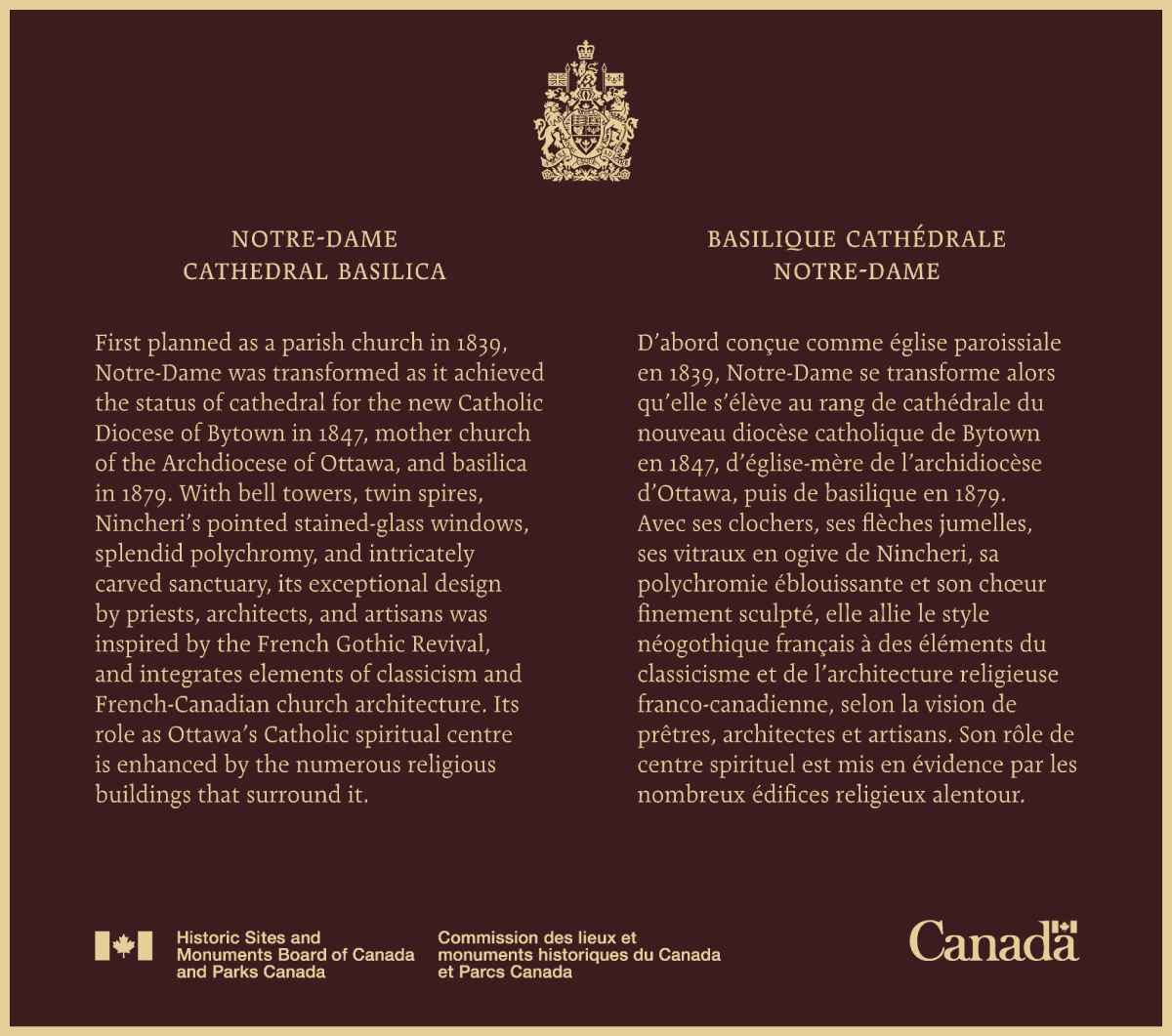 Commemorative plaque for the historical importance of Notre-Dame Roman Catholic Basilica National Historic Site