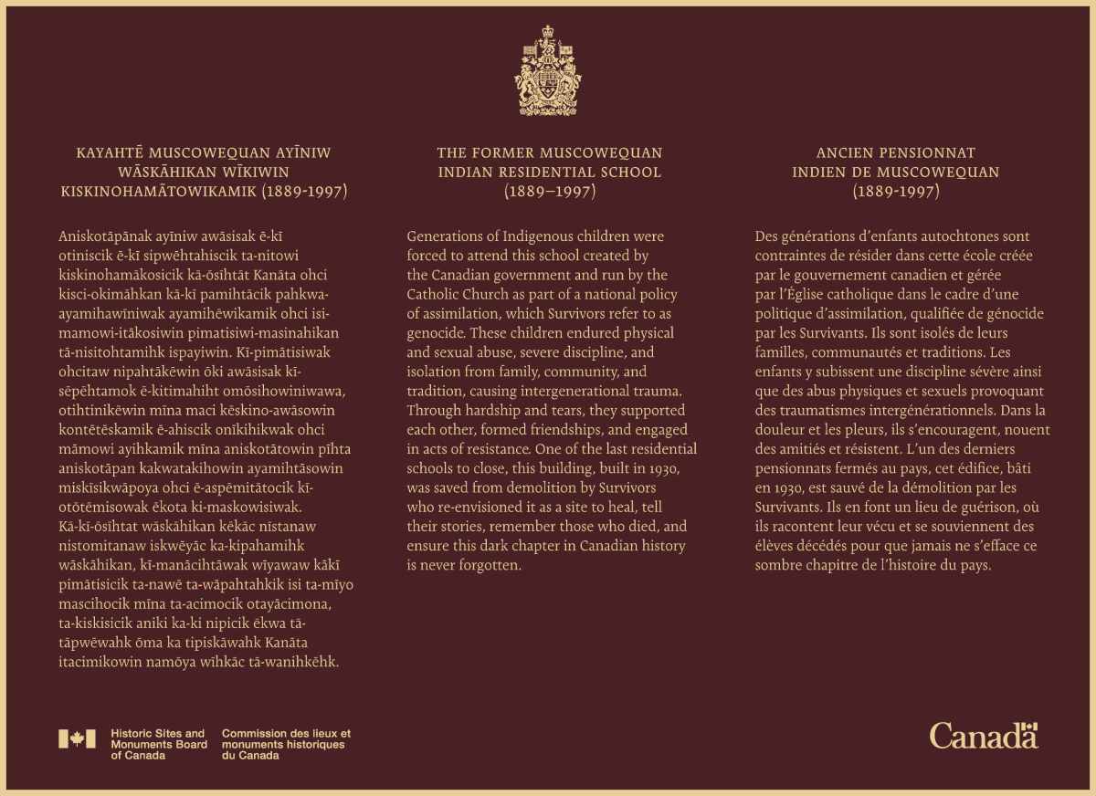 Commemorative plaque for the historical importance of the Former Muscowequan Indian Residential School National Historic Site