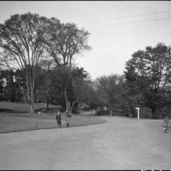 Photo en noir et blanc d'un champ d'herbe coupée et d'arbres