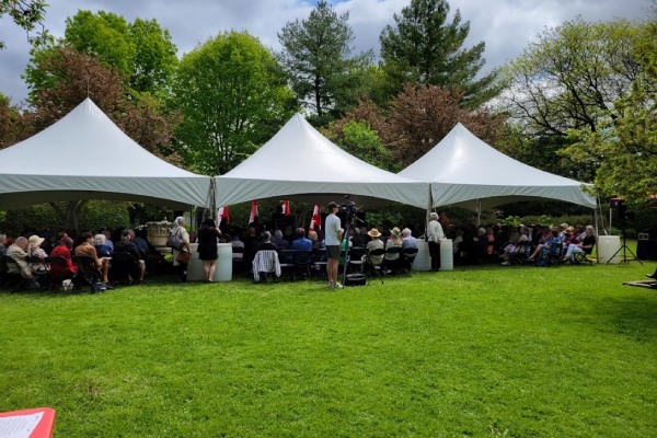 A large marquee welcoming guests in a lush summer setting