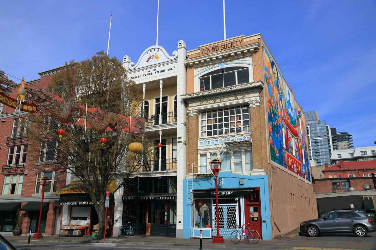 Mural on south side of Yen Wo Society Building representing the Tam Kung Temple and its artifacts, Victoria, British Columbia, 2024