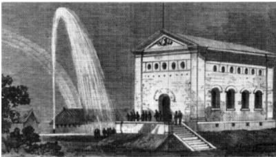 Black and white illustration of a waterworks on a hill