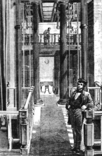 Black and white illustration of a person standing inside a waterworks