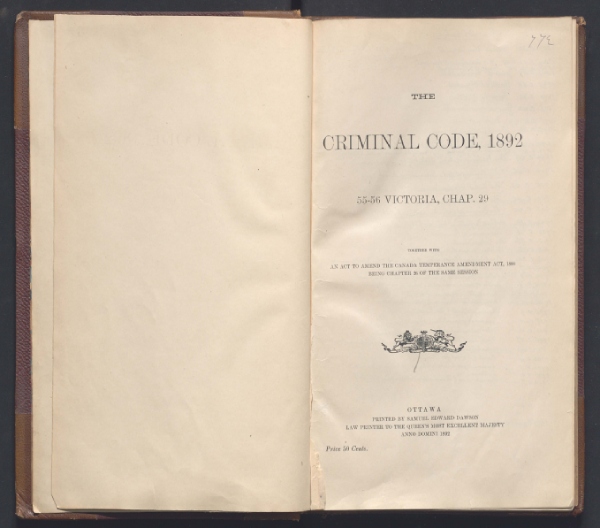 An open book with cover page stating Criminal Code
