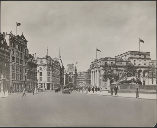 General view of Trafalgar Square in London, England, and Canada House, circa 1925