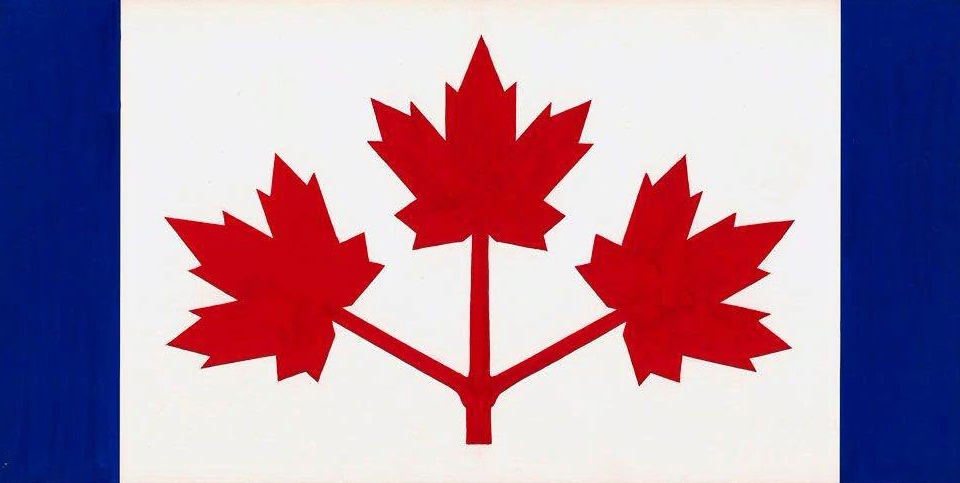 A version of the canadian flag where three red maple leaves are joined by a single stem on a white background, and framed by two blue side bars, one on each side