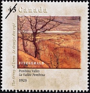 Post stamp featuring an art piece of a landscape