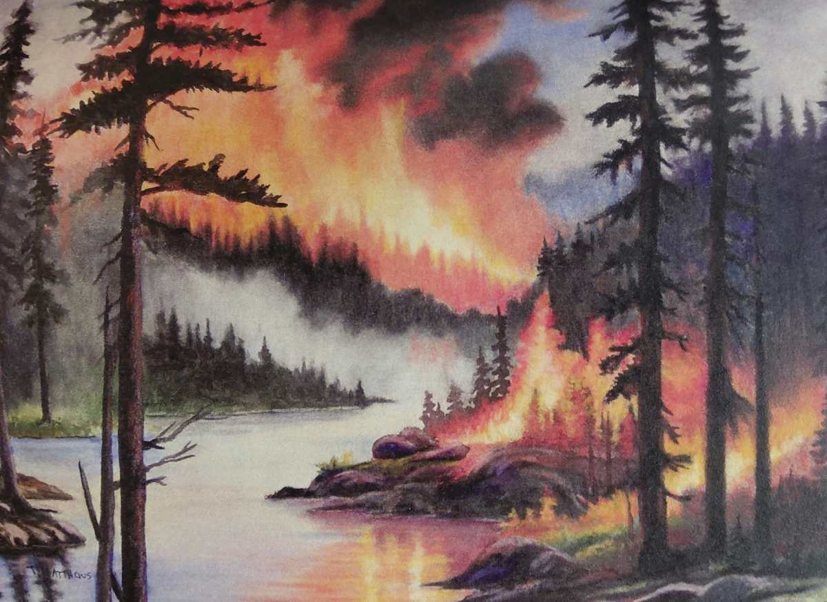 Illustration of a forest fire, with trees burning near a river