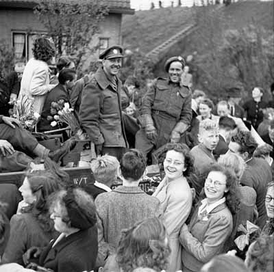 Historic black and white photo of the Netherlands getting liberated