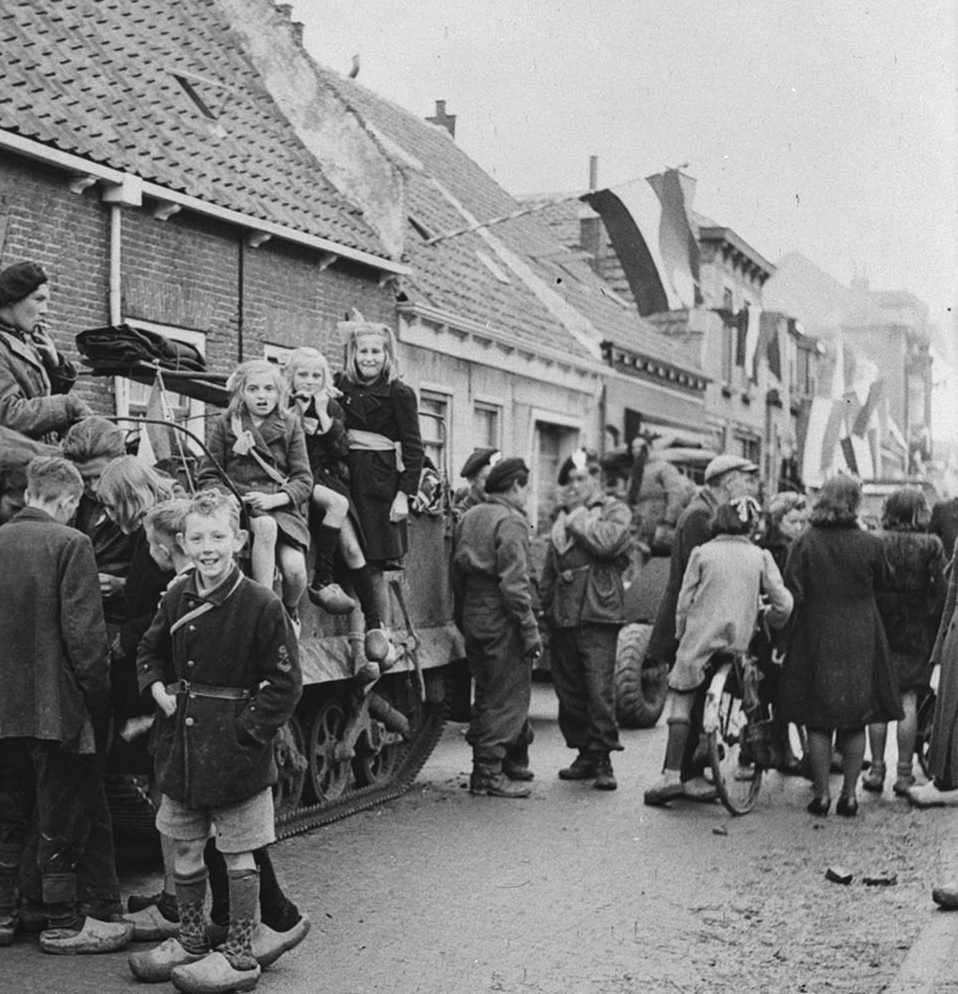 Historic black and white photo of the Netherlands getting liberated