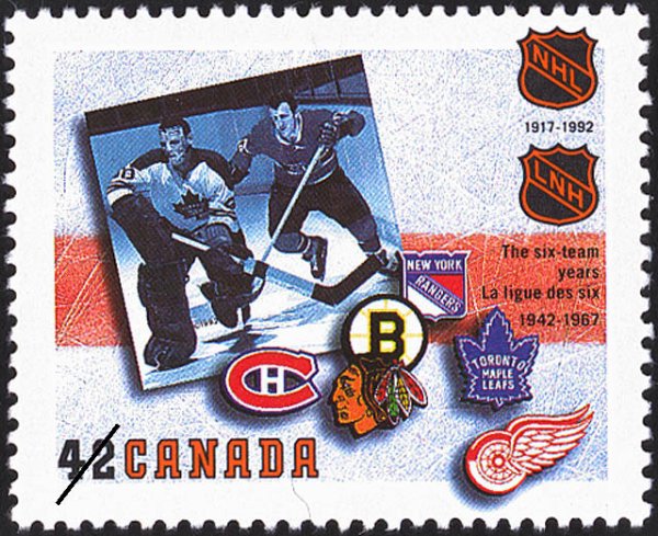Timbre-poste de la Société canadienne des postes commémorant la Ligue nationale de hockey