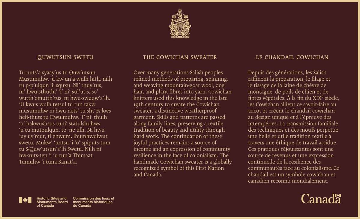 Historic Sites and Monuments Board of Canada commemorative plaque the Coast Salish Knitters and the Cowichan Sweater National Historic Event