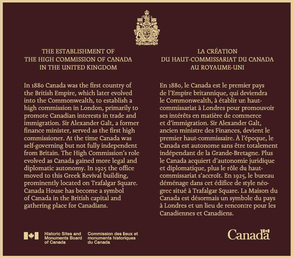 Commemorative plaque with golden text on it about The Establishment of the High Commission of Canada in the United Kingdom National Historic Event