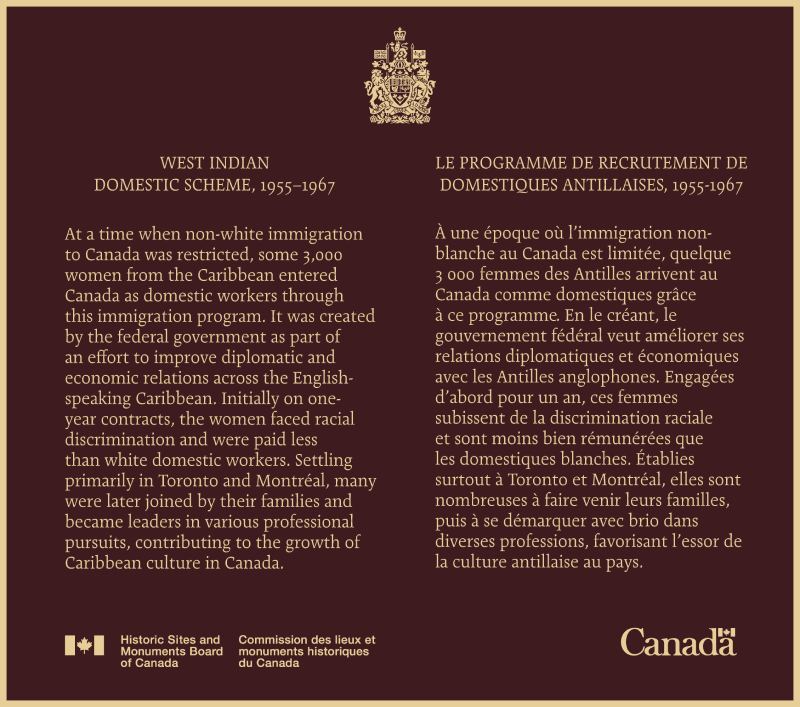 Commemorative plaque for the West Indian Domestic Scheme (1955–1967) National Historic Event