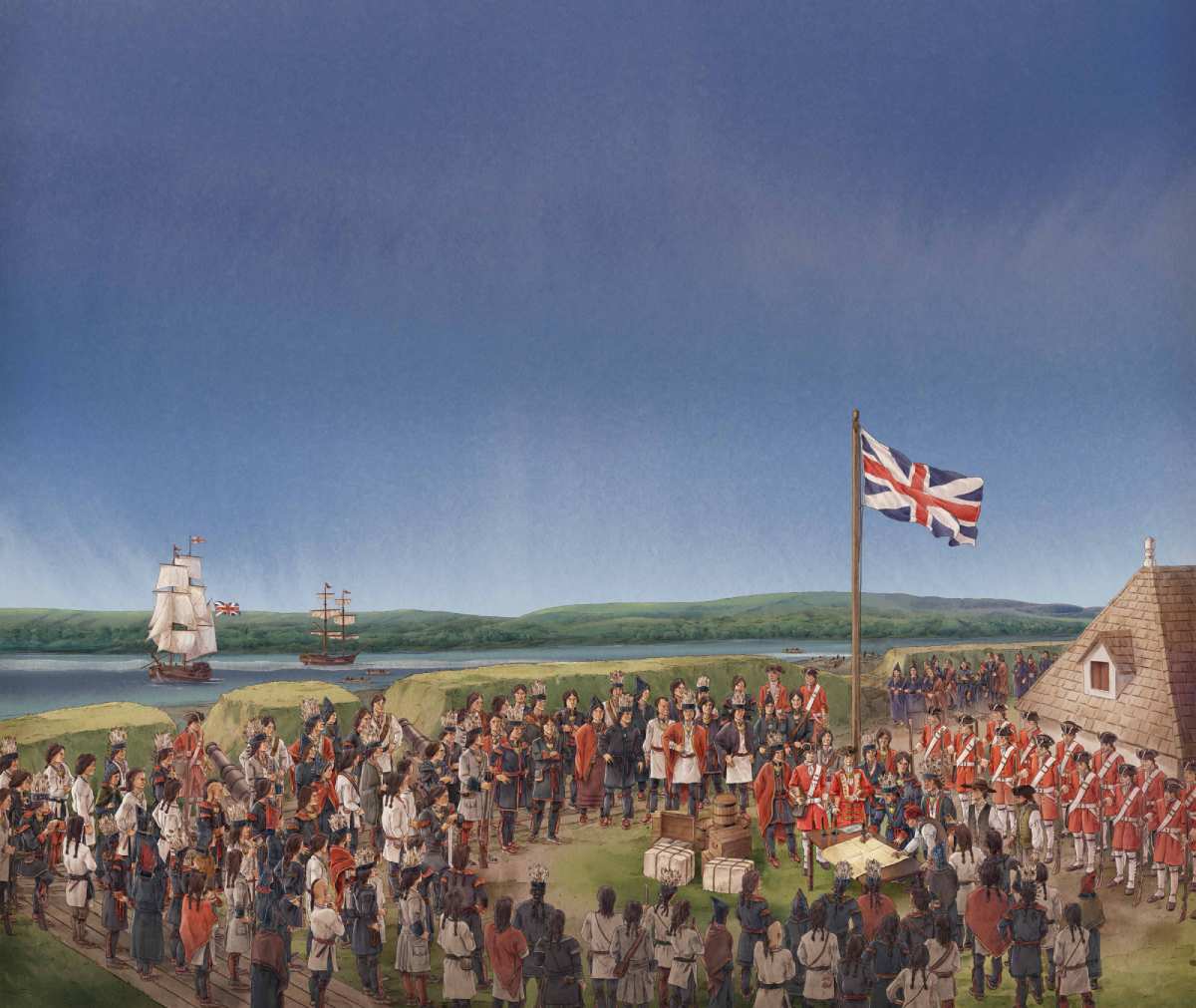 A painted illustration depicting a historical event between different nations, a British flag, and ships in the distance
