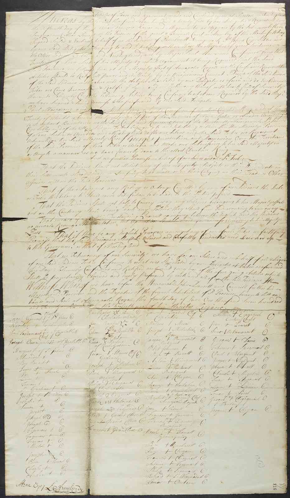 The document of the Peace and Friendship Treaty of 1726, signed between between the British Crown and the Mi’kmaq/Mi’gmaq, Wəlastəkokewiyik, and Peskətəmohkatewey