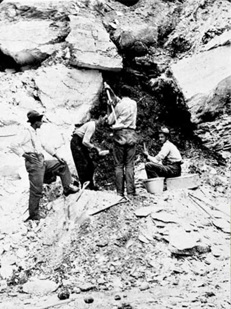 People outside working with rocks