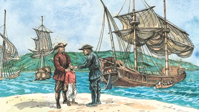 Illustration of two men, a boy and a ship