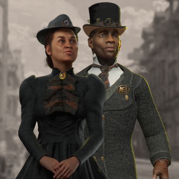 An artistic representation of two people standing in a historic cityscape