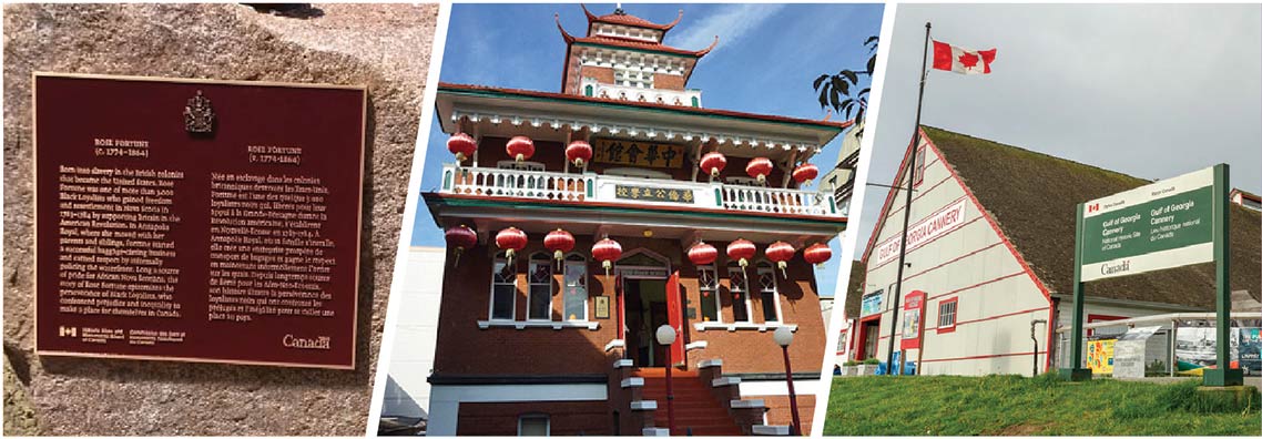 Collage of images from Victoria's Chinatown National Historic Site of Canada, Rose Fortune National Historic Person and Gulf of Georgia Cannery National Historic Site