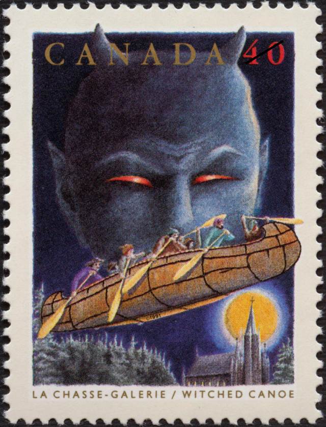 Timbre de la Société canadienne des postes commémorant le personnage historique national d'Honoré Beaugrand et mettant en image un canot volant
