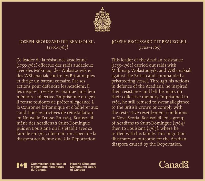 Plaque commémorative de bronze de la Commission des lieux et monuments historiques du Canada pour le Personnage historique national de Joseph Broussard dit Beausoleil (1702–1765)