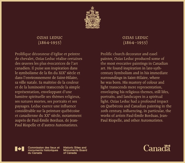 Commemorative plaque for Ozias Leduc, renowned painter of religious art