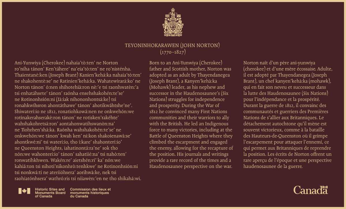 Plaque commémorative de bronze pour le personnage historique national de Teyoninhokarawen (John Norton) (1770-1823)