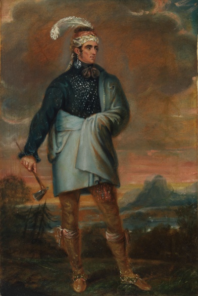 Peinture d'effigie du chef de guerre mohawk Teyoninhokarawen (John Norton) portant des vêtements iroquois et britanniques, vers 1804-1805, du Musée canadien de la guerre