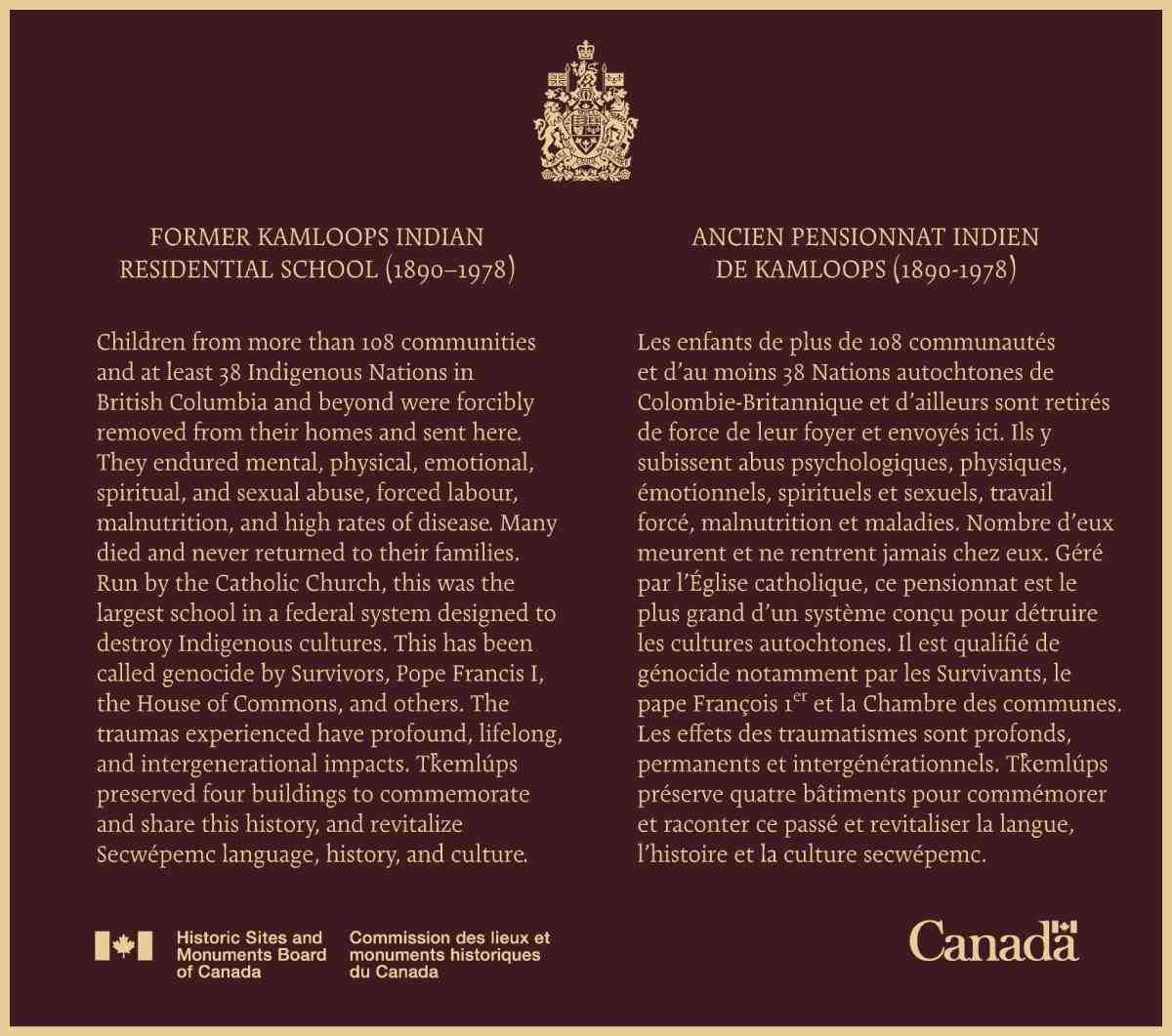 Commemorative plaque for the historical importance of the Former Kamloops Indian Residential School National Historic Site