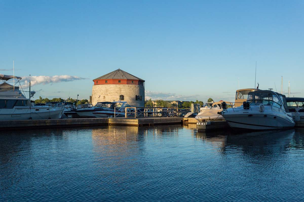 A circular tower beside the water