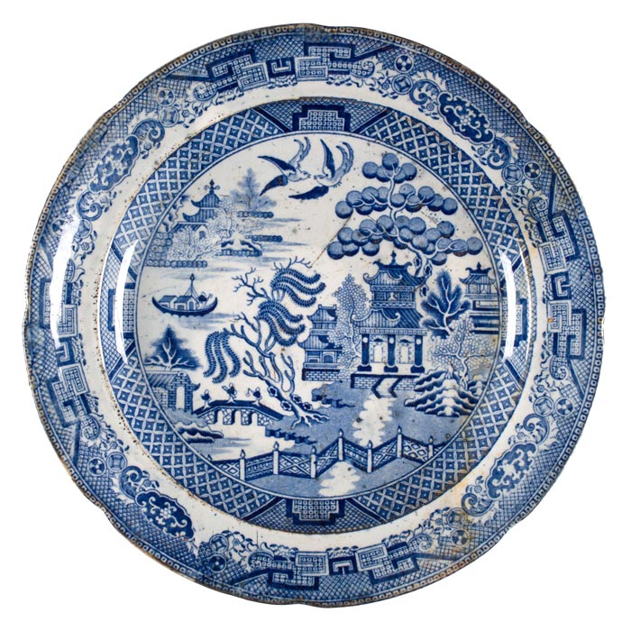 Plate with blue pattern.