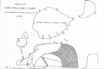 The hand drawn map has King Williams Island in the top centre. It is indicated with text. There is another Island near the top right corner of the image and underneath King Williams Island. 