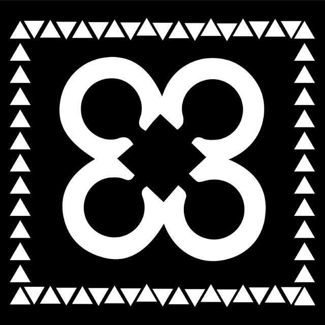 Un symbole noir et blanc avec quatre boucles formant un motif de trèfle. 