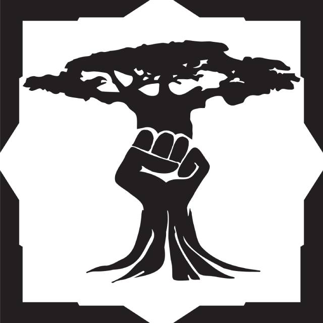A black and white symbol of a tree with an overlapping clenched fist in the middle.