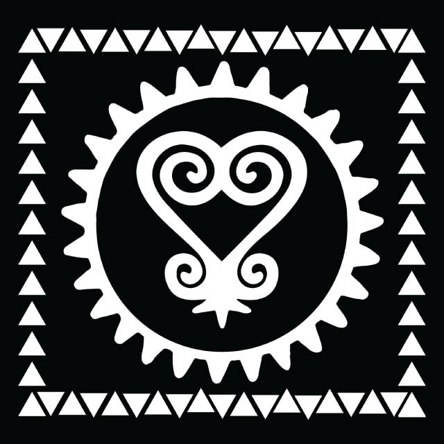 Un symbole noir et blanc en forme de cœur avec des volutes.