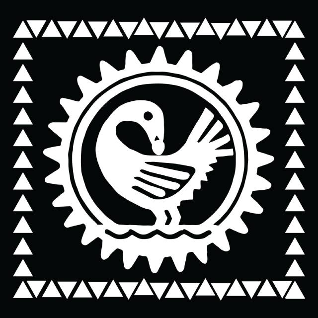 A black and white symbol of a stylized bird.