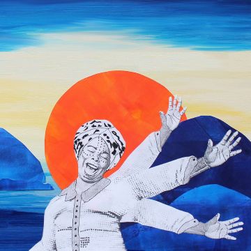Représentation artistique colorée d'une femme qui tient sa main en l'air et qui chante.