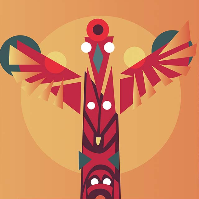 A totem pole with multiple animals represented.