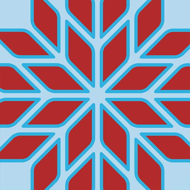 A geometric star pattern in red, with blue outline. 