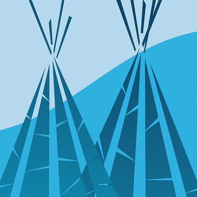 Two teepees against a blue background.