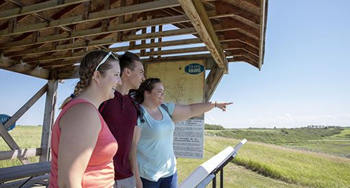 A group of visitors at the interpretive panels and the lookout at Tourond's Coulee/ Fish Creek National Historic Site