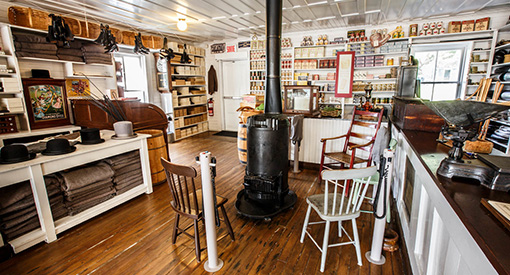 A reconstructed general store filled with antiques