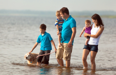 Deux parents, leurs trois jeunes enfants et un chien en laisse marchent dans une eau peu profonde.