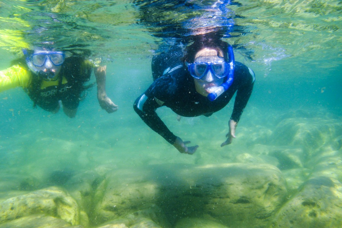 Une image sous-marine de deux plongeurs en apnée nageant juste sous la surface de l’eau.