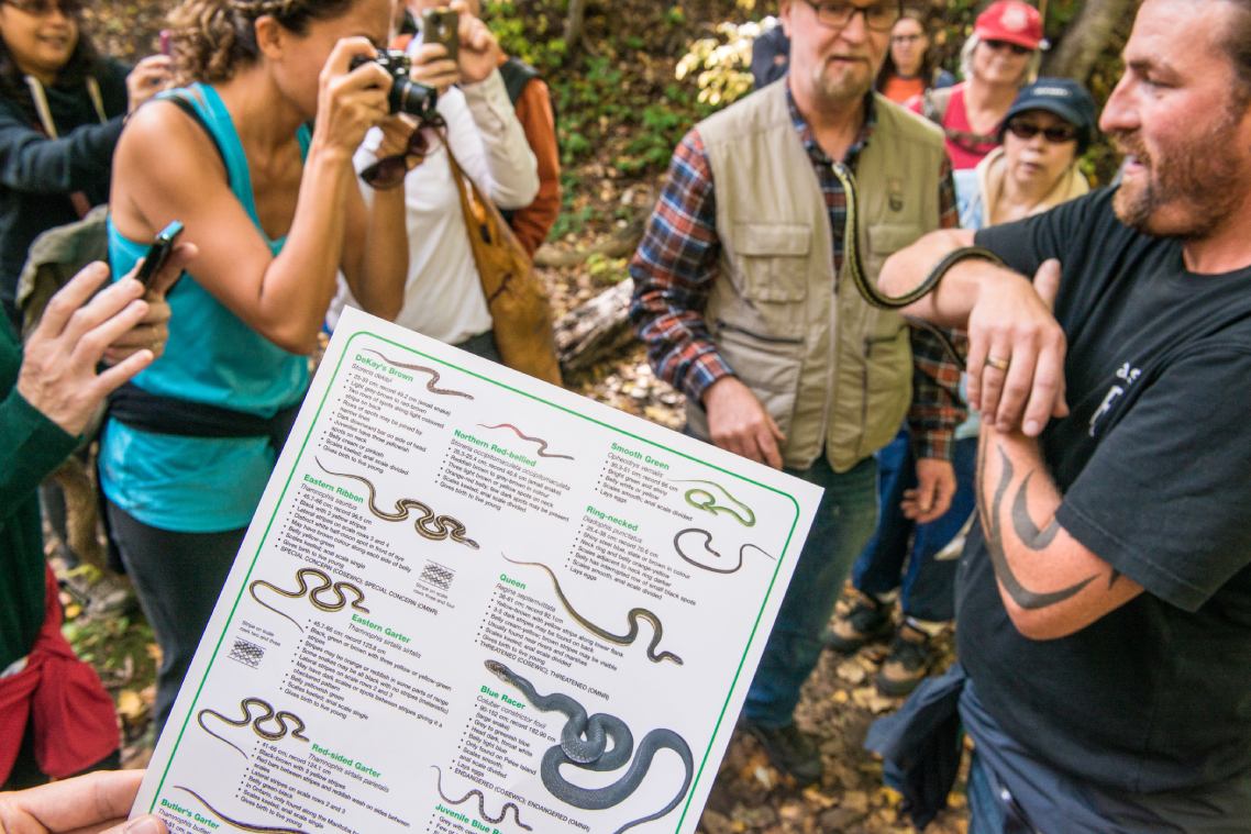 A group of people gather around a person holding a snake. One person holds a pamphlet of different snakes.