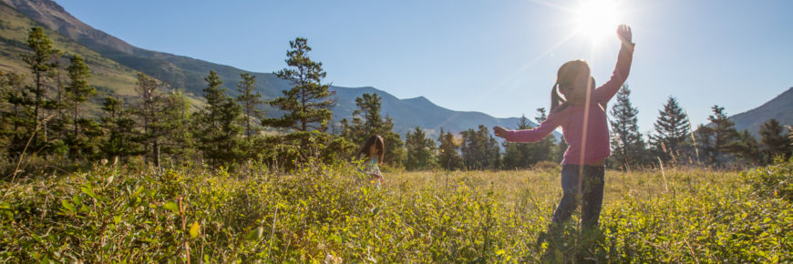 A young girl playing in a mountain meadow.