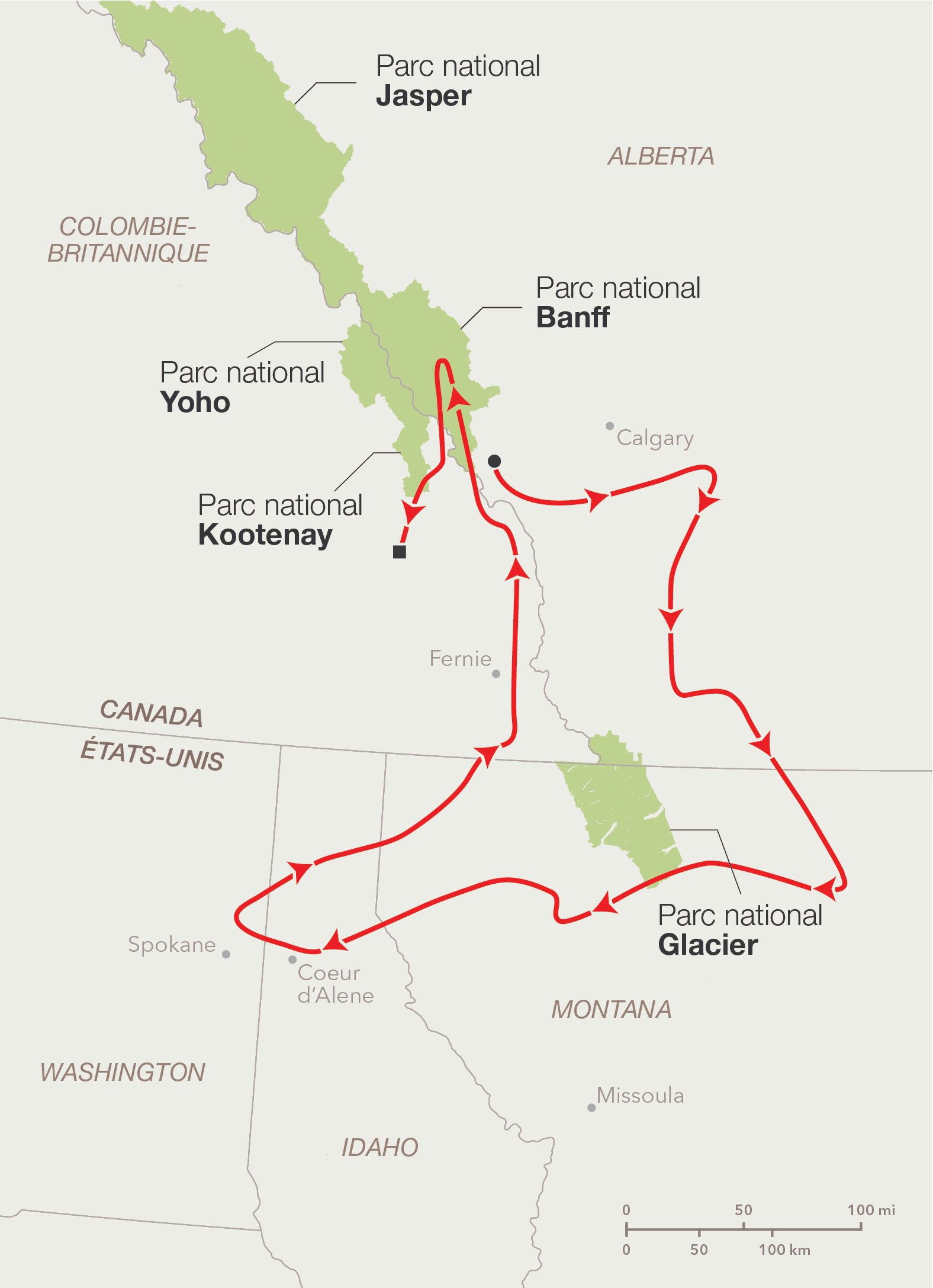 Carte du centre des États Unis et du Canada, montrant l’itinéraire de Pluie le loup, en rouge.