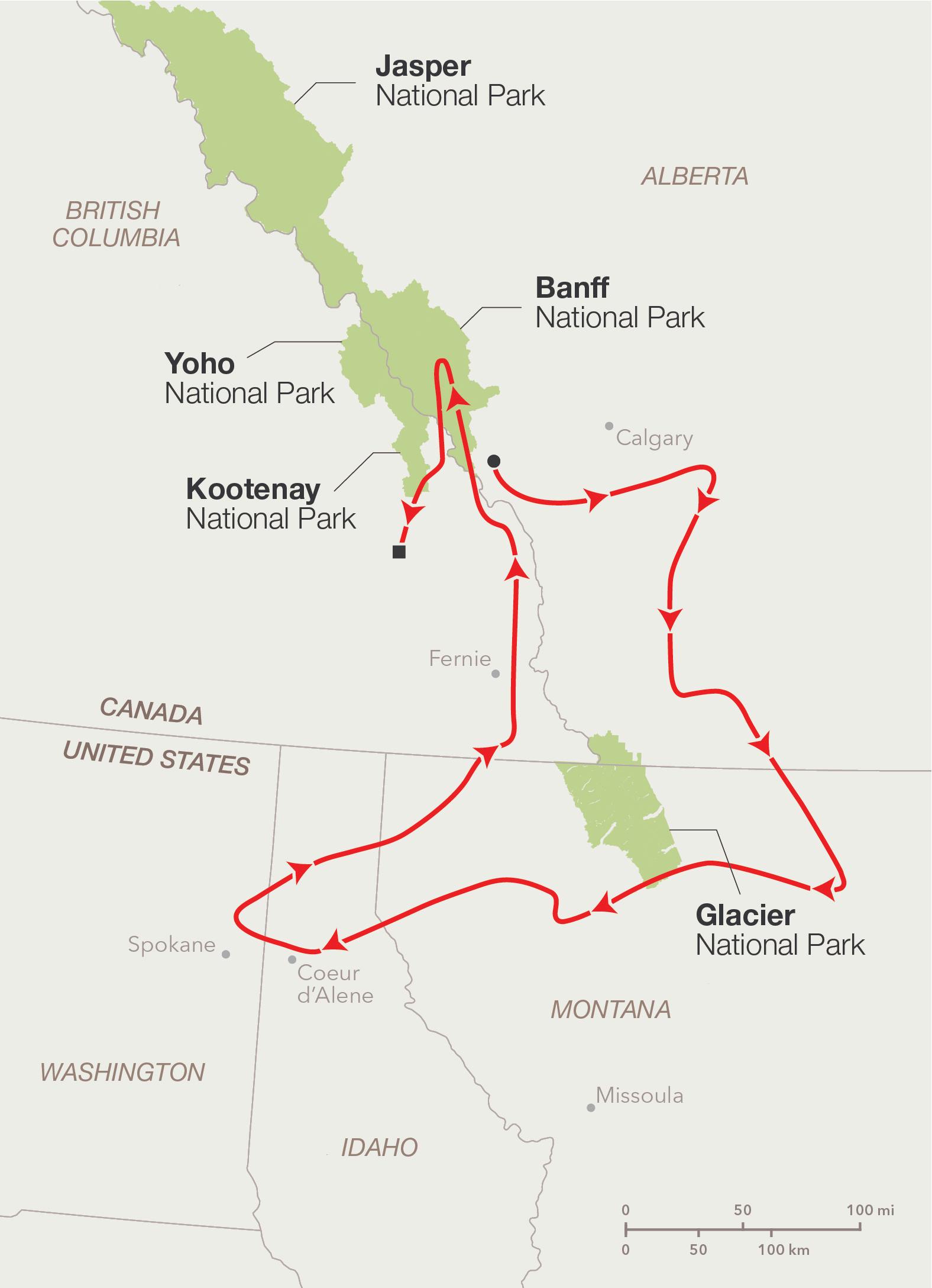 Map of central U.S. and Canada, showing the route of Pluie the wolf (in red).