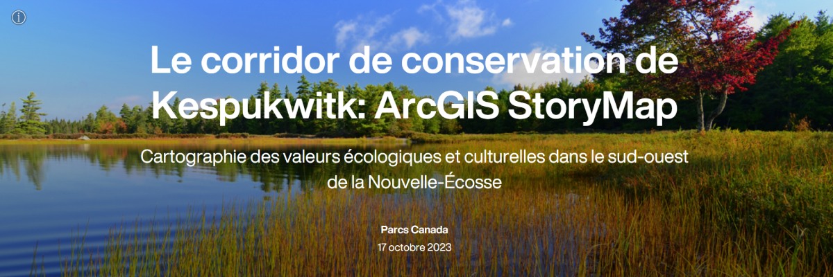 Une zone humide aux couleurs de l’automne surmontée du texte cartographie des valeurs écologiques et culturelles et de la connectivité dans le sud-ouest de la Nouvelle-Écosse.